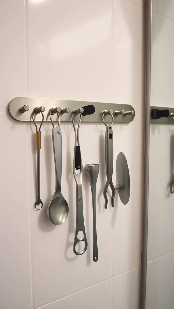 A metallic magnetic strip mounted on a wall displaying various metal tools.