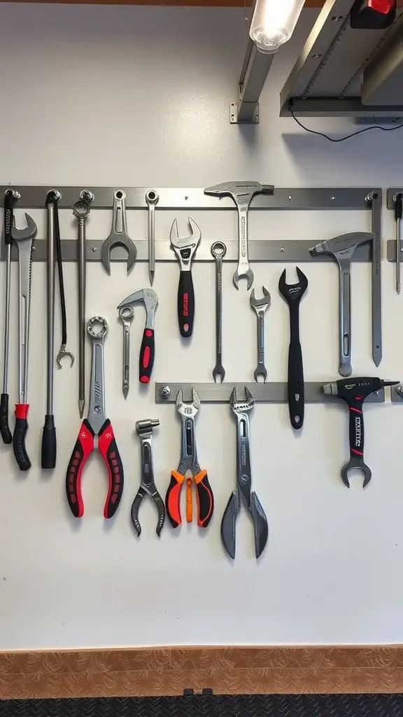 Wall-mounted magnetic tool holders displaying various tools