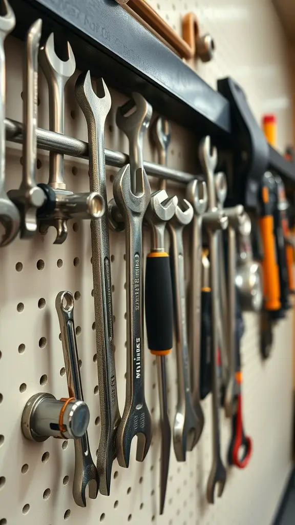 19 Essential Items for Perfect Garage Tool Organization 2 A variety of metal wrenches and tools displayed on a pegboard with a magnetic holder.
