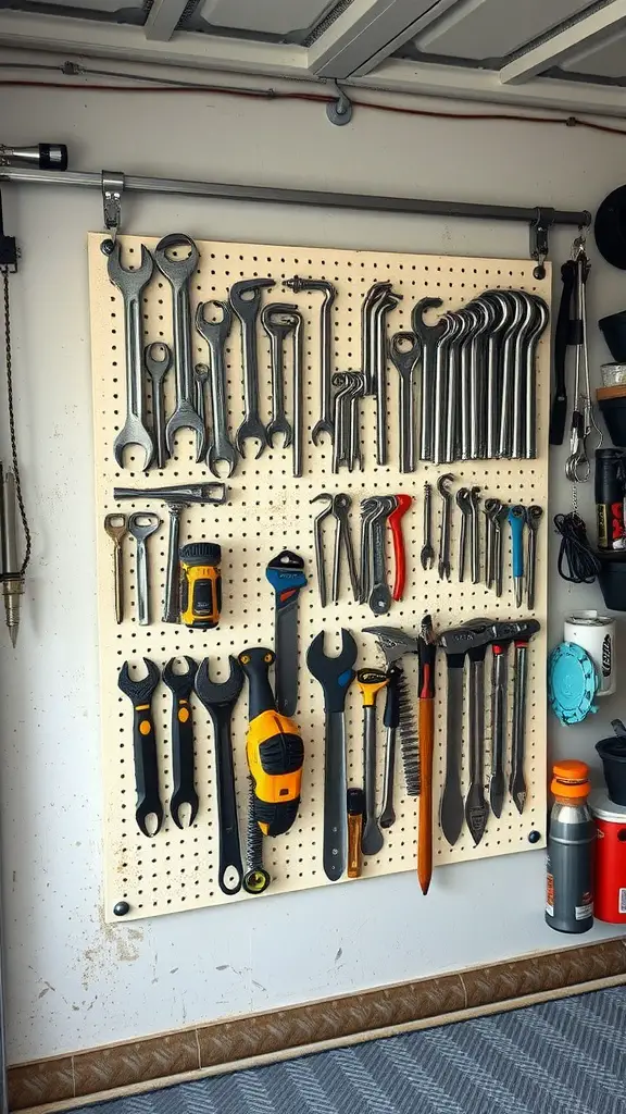 A pegboard displaying various gardening and workshop tools arranged neatly.