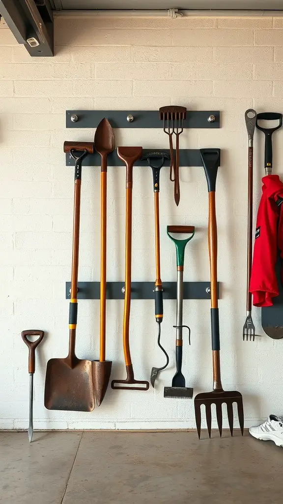 Various gardening tools organized on a magnetic strip on a wall.
