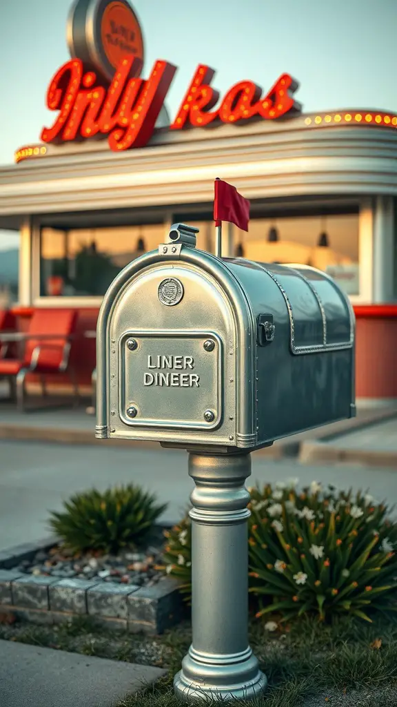 Vintage car inspired metal mailbox in front of a diner