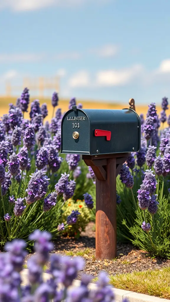 17 Creative Mailbox Landscaping Ideas You’ll Love 12 A mailbox surrounded by vibrant lavender plants, showcasing a charming landscaping idea.