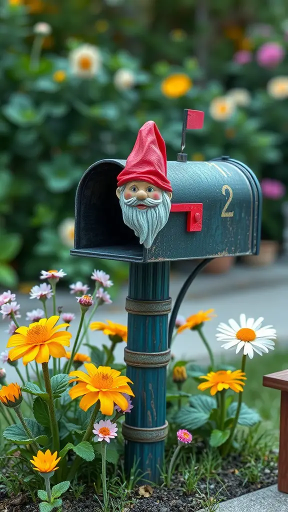 17 Creative Mailbox Landscaping Ideas You’ll Love 5 A mailbox with a garden gnome and colorful flowers around it