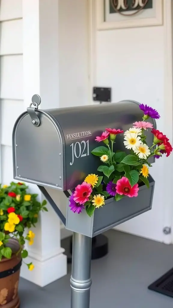 Gray metal mailbox with colorful flowers in an attached planter.