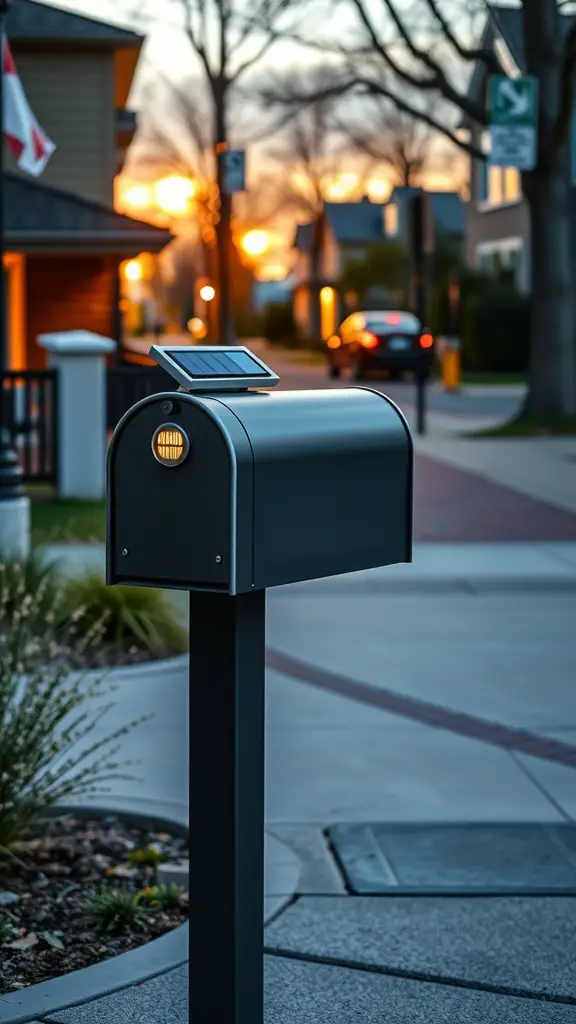 A metal mailbox with a solar-powered light on top, set in a suburban neighborhood during sunset.