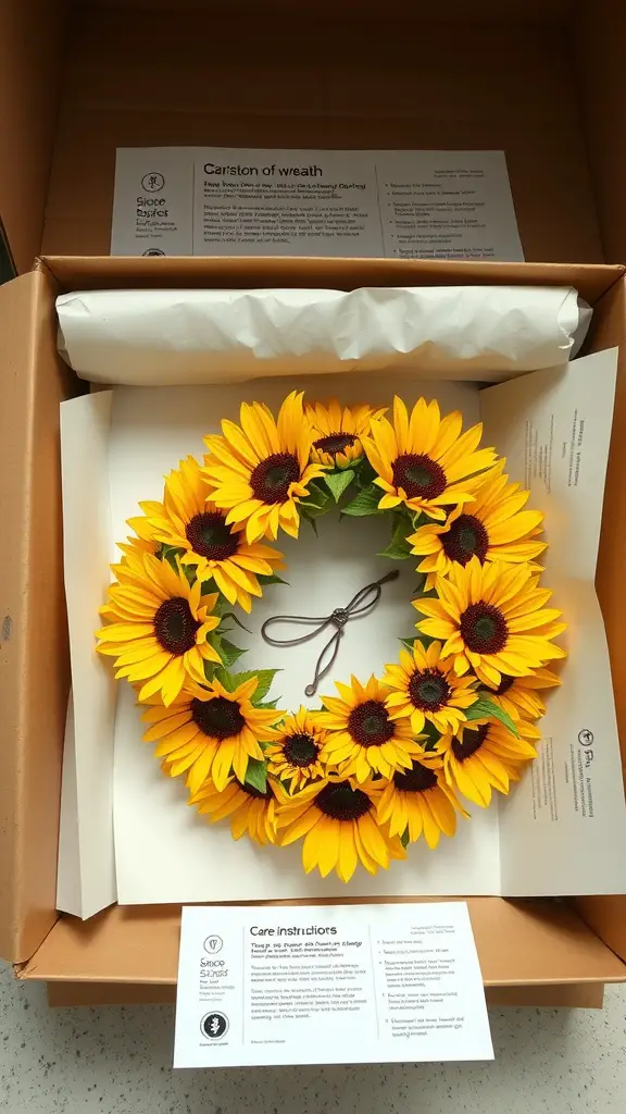 A vibrant sunflower wreath in a box with care instructions