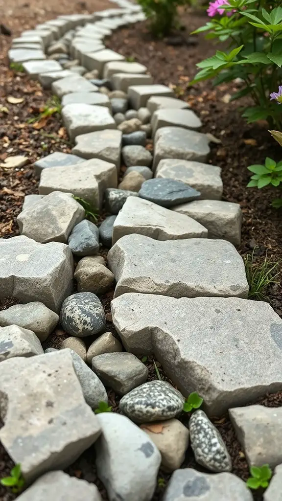 15 Creative Rock Drainage Landscaping Ideas for Your Outdoor Space 10 A winding pathway made of various stones in a garden, showcasing rock drainage landscaping.