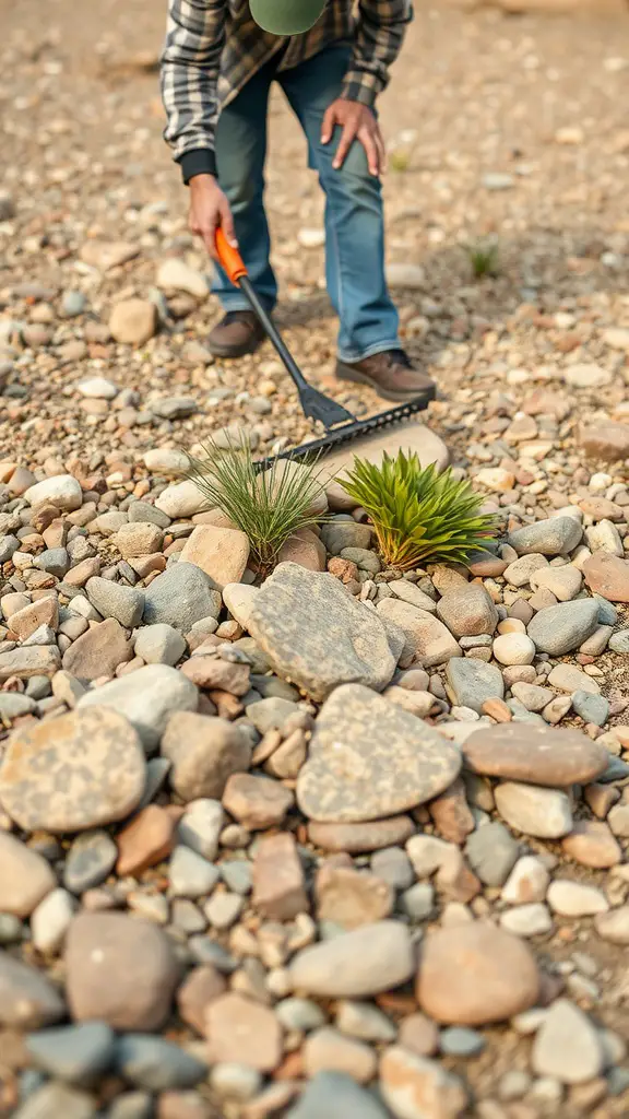 15 Innovative Dry Rock Bed Ideas for Effective Drainage Solutions 12 A person maintaining a dry rock bed, clearing debris and raking stones.