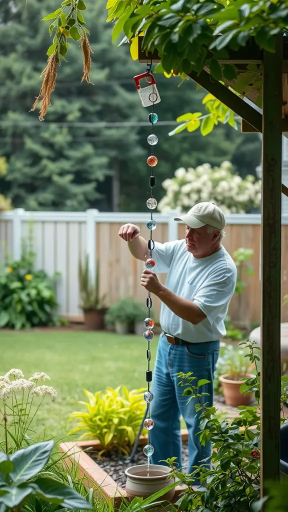 25 Creative Rain Chain Drainage Ideas for Your Home 8 A person adjusting a colorful rain chain in a garden, ensuring proper water flow and maintenance.