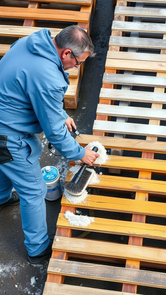 15 Creative DIY Ideas for a Stunning Pallet Deck 14 A person cleaning a pallet deck with a brush and cleaning solution.