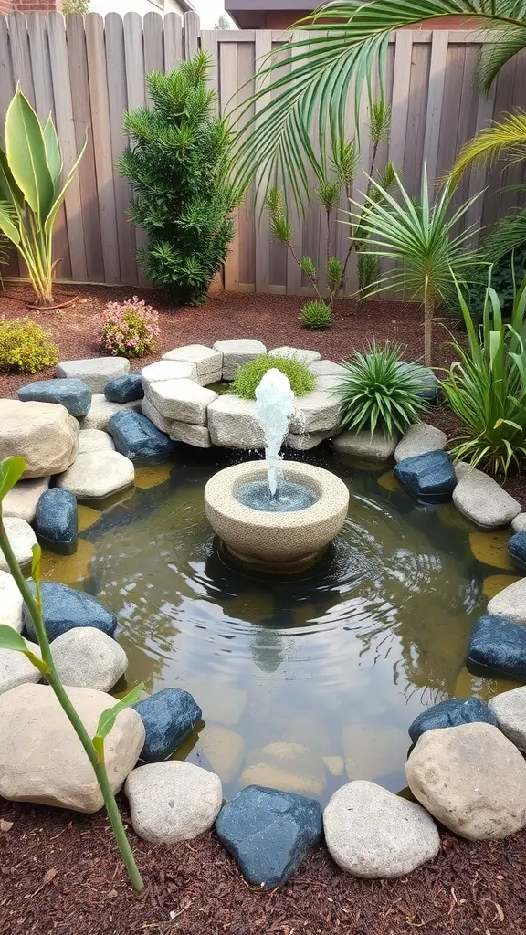 23 Creative DIY Projects to Transform Your Backyard 12 A beautiful backyard pond with a fountain surrounded by stones and plants.