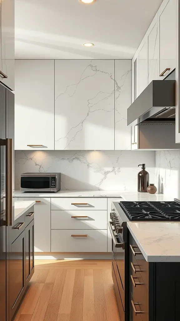 21 Stunning Backsplash Ideas for Your Dream Kitchen 13 A modern kitchen featuring a marble backsplash, dark cabinets, and wood flooring.