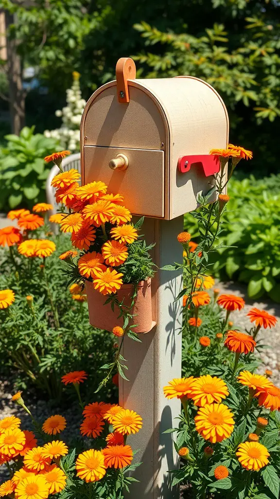 19 Stunning Mailbox Plants to Enhance Your Curb Appeal 12 A mailbox adorned with bright orange marigolds, creating a cheerful garden scene.