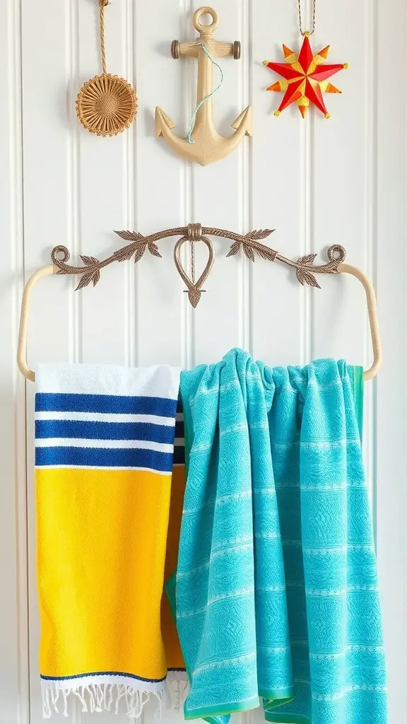 27 Creative Pool Towel Storage Solutions You Need to Try 14 Maritime-inspired towel rack with colorful towels, anchor, and nautical decorations