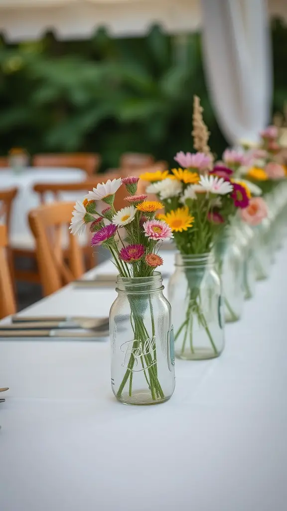 25 Stunning Wedding Table Centerpieces to Inspire Your Big Day 6 A long table set for a wedding with mason jar centerpieces filled with colorful flowers.