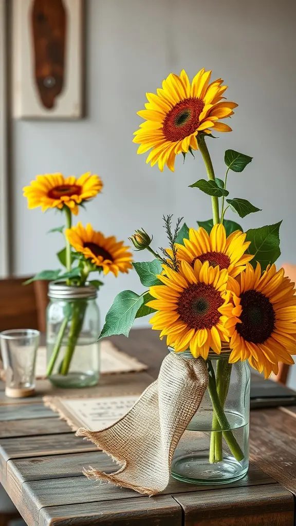 13 Stunning Sunflower Centerpiece Ideas for Your Home Decor 4 A table with mason jar arrangements filled with sunflowers