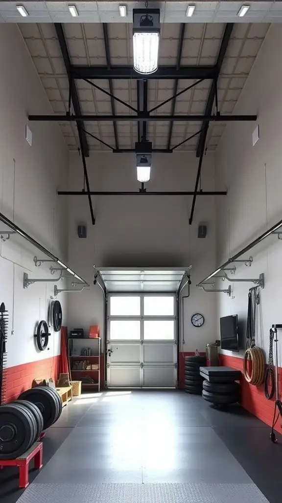 21 Inspiring Garage Gym Ideas for Your Home Workout Space 12 A spacious garage gym with high ceilings, featuring workout equipment and ample lighting.
