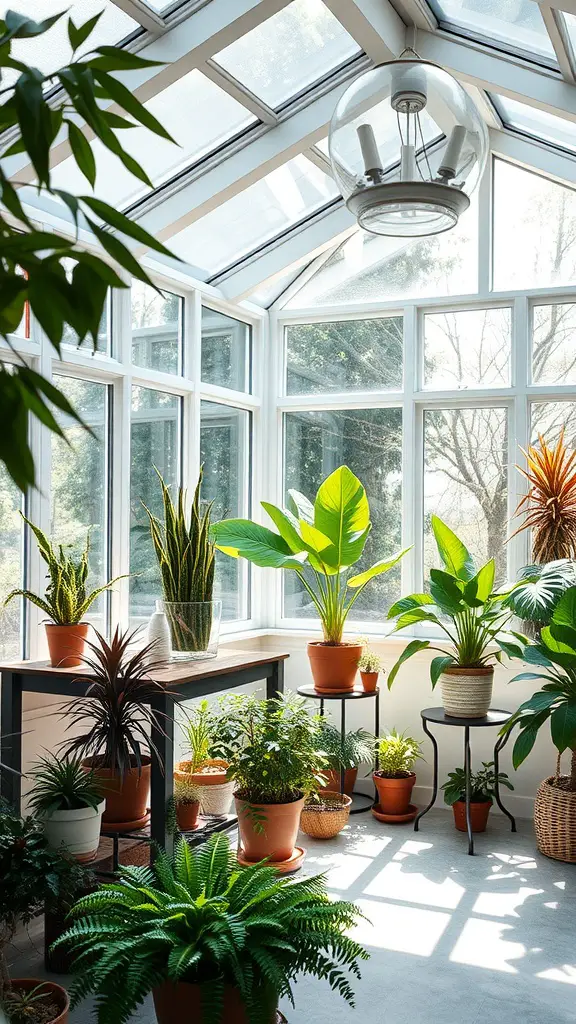 A bright sunroom filled with various potted plants, showcasing large windows and a glass ceiling.