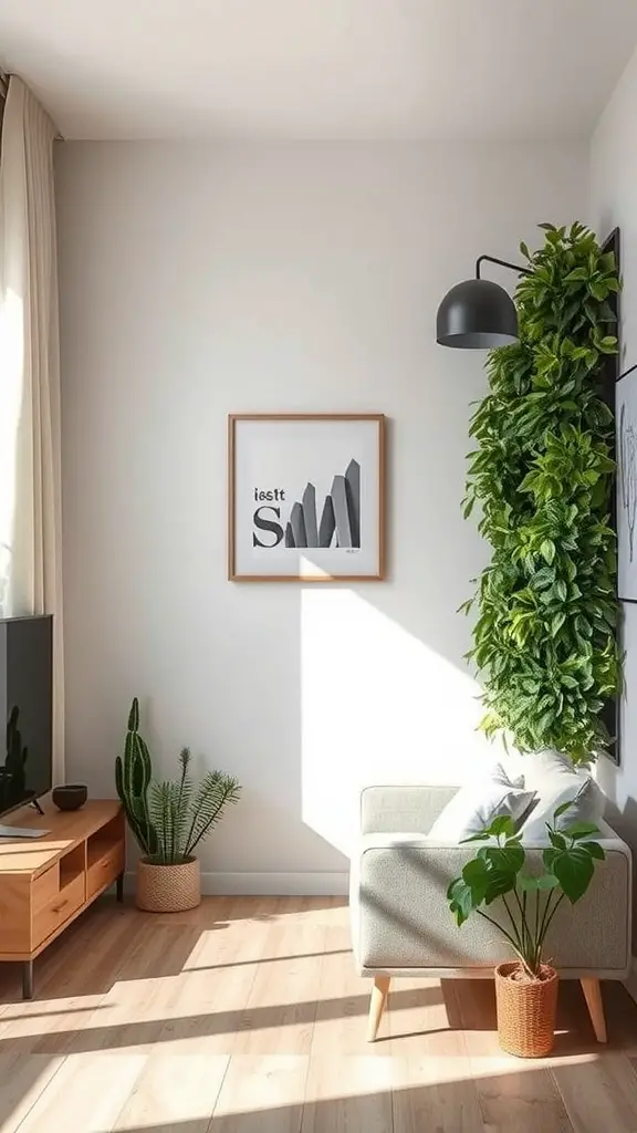 25 Stunning Floral Indoor Plant Wall Ideas for Your Home 11 A cozy living room featuring a vertical plant wall, potted plants, and a comfortable chair.