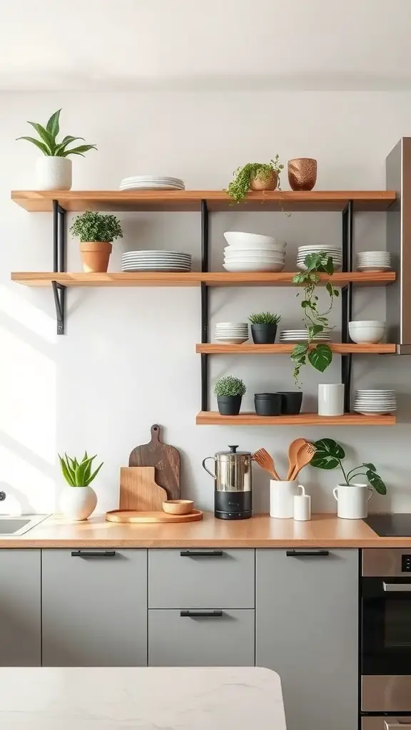 23 Stunning Open Kitchen Ideas for a Modern Home 4 A modern kitchen with open shelving displaying plates, plants, and kitchen tools.