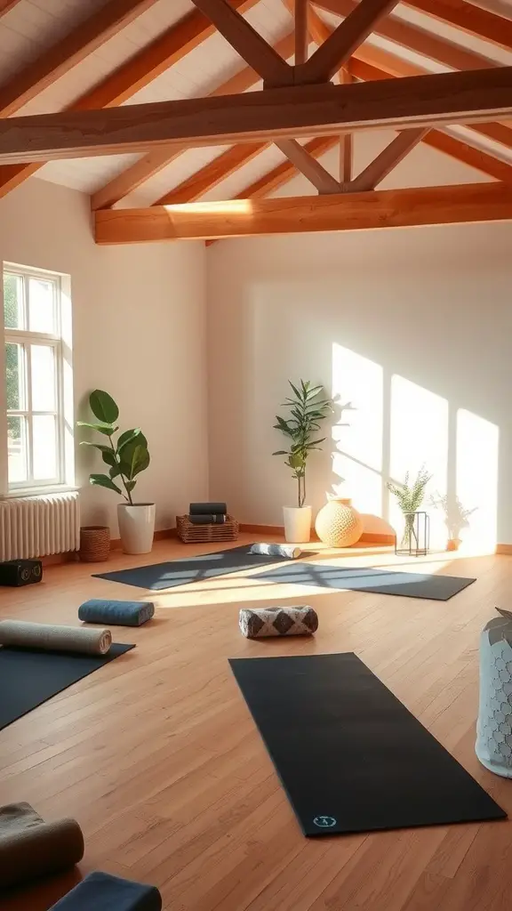 27 Creative Hangout Room Ideas for Your Space 16 A serene meditation and yoga space with wooden beams, yoga mats, and plants.