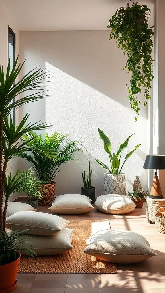 A bright meditation corner featuring a variety of potted plants and floor cushions.