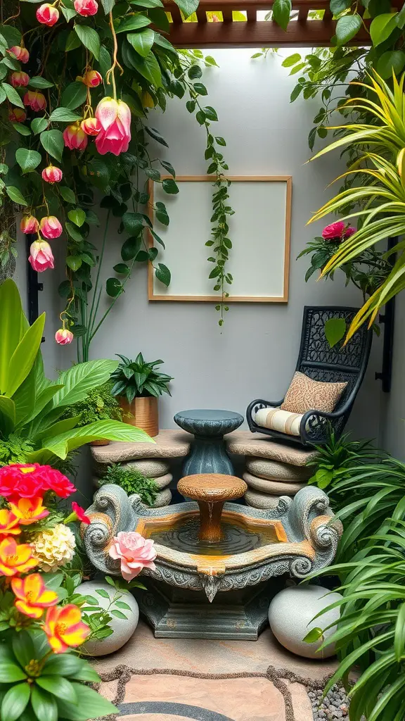 A cozy meditation nook surrounded by plants and flowers, featuring a fountain and a comfortable chair.