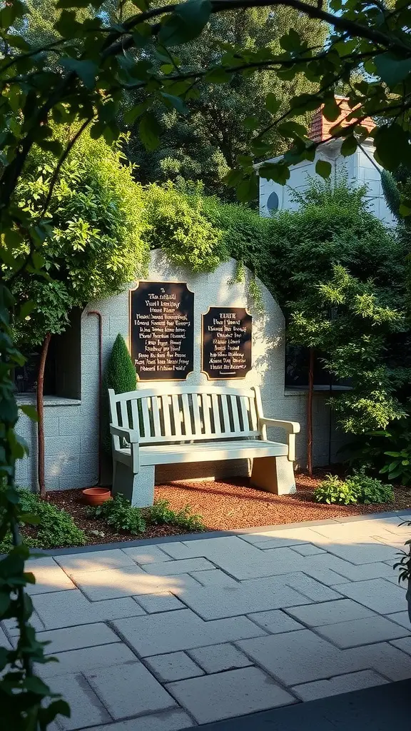 A serene meditation nook in a memorial garden featuring a bench surrounded by greenery and plaques.