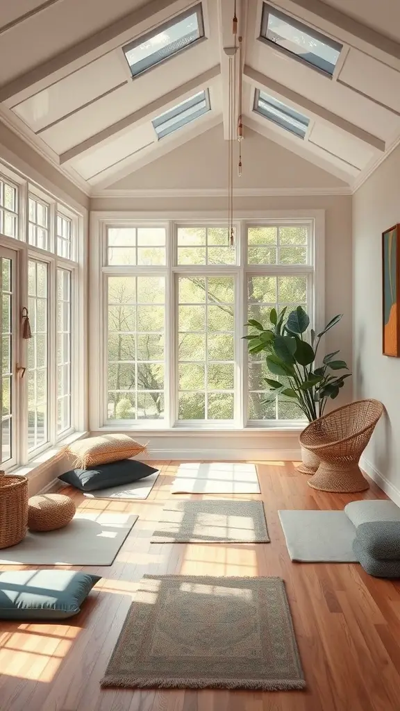 19 Stunning Indoor Sunroom Ideas You’ll Love 10 A serene meditation space in a sunroom with large windows, cushions on the floor, and plants.
