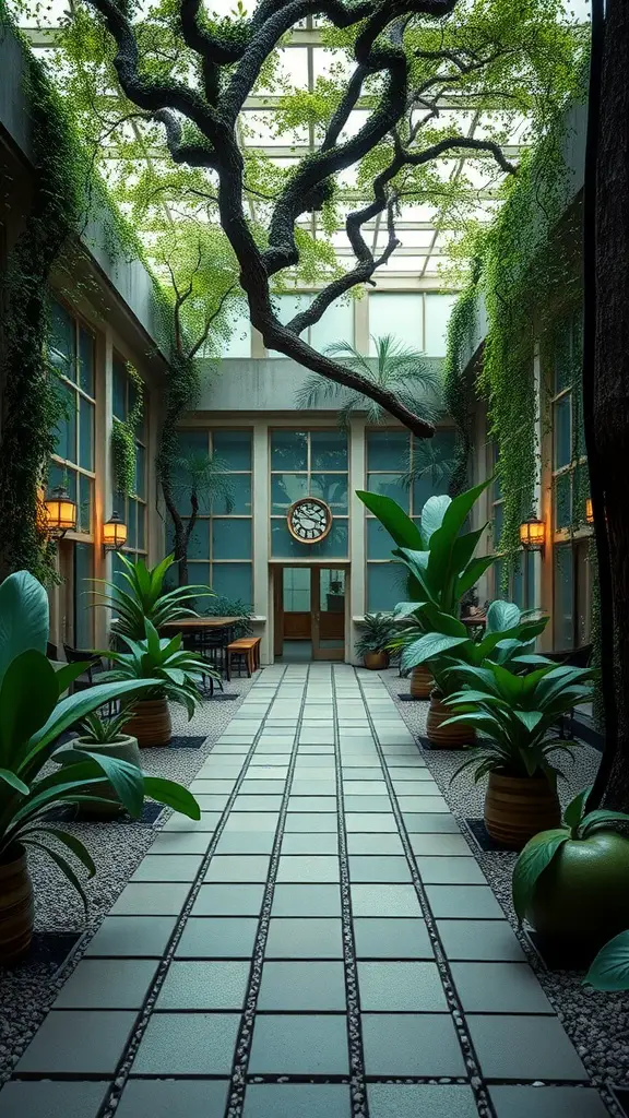 15 Stunning Labyrinth Garden Ideas for Your Outdoor Space 16 Indoor garden pathway with large plants and a glass ceiling.