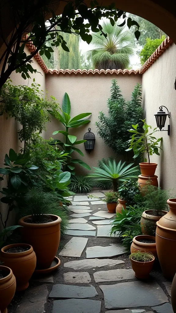 27 Creative Enclosed Garden Ideas for Your Outdoor Oasis 7 Mediterranean-style garden path lined with terracotta pots and lush greenery