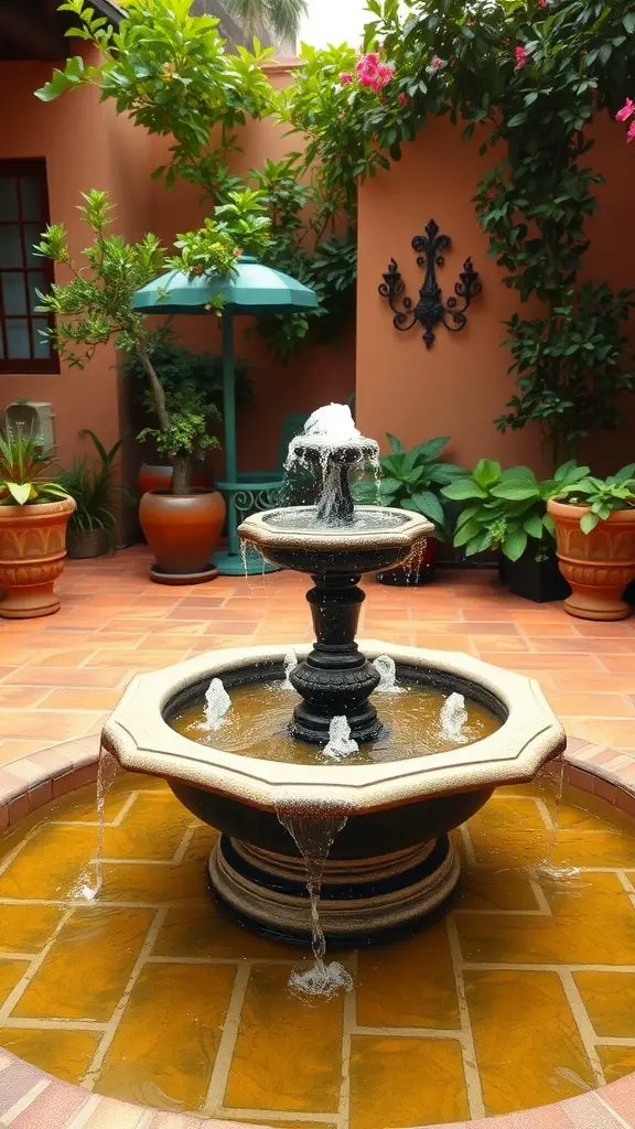A beautiful Mediterranean-style fountain surrounded by greenery and terracotta pots.