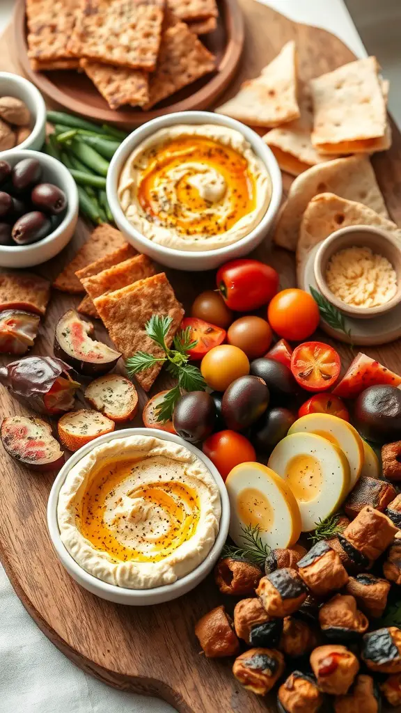 21 Stunning Grazing Table Ideas for Your Next Celebration 6 A Mediterranean inspired grazing table featuring hummus, olives, pita bread, cherry tomatoes, and roasted vegetables.