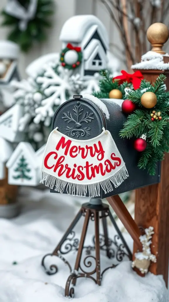 A mailbox decorated with a 'Merry Christmas' banner, surrounded by festive greenery and ornaments in a snowy setting.