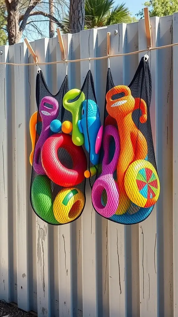 15 Creative Pool Toy Storage Ideas to Keep Your Backyard Organized 9 Colorful pool toys stored in mesh bags hanging on a fence