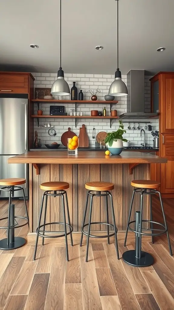 A kitchen featuring metal and wood combination stools at a wooden bar, with modern lighting and a stylish decor.