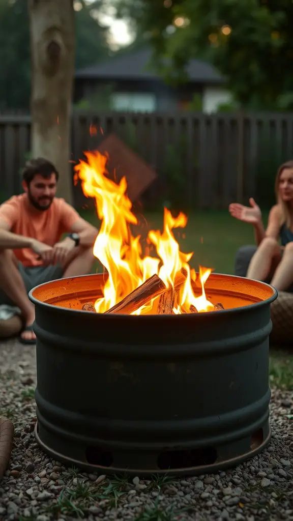 A metal drum fire pit with flames, surrounded by two people sitting on the ground.