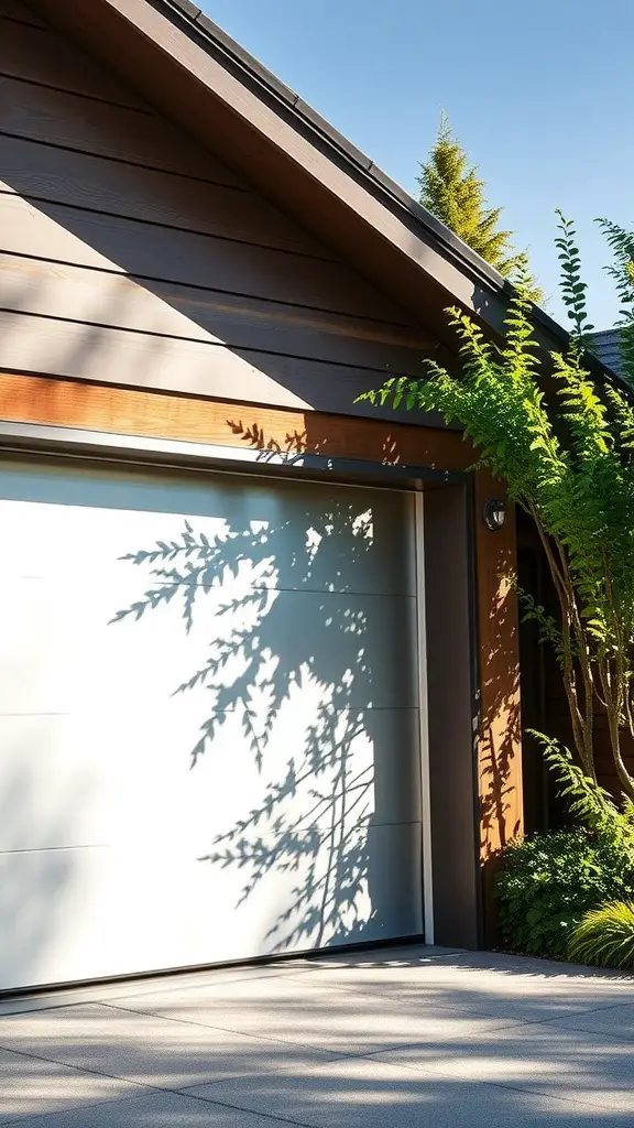 A modern metallic silver garage door with warm wooden accents and greenery