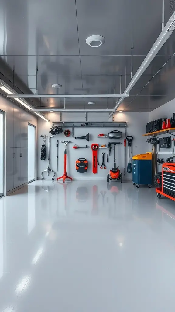 A sleek garage with metallic silver walls and organized tools.