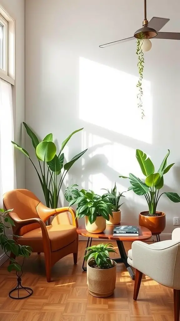A mid-century modern plant room with two stylish chairs, a wooden table, and various plants basking in natural light.