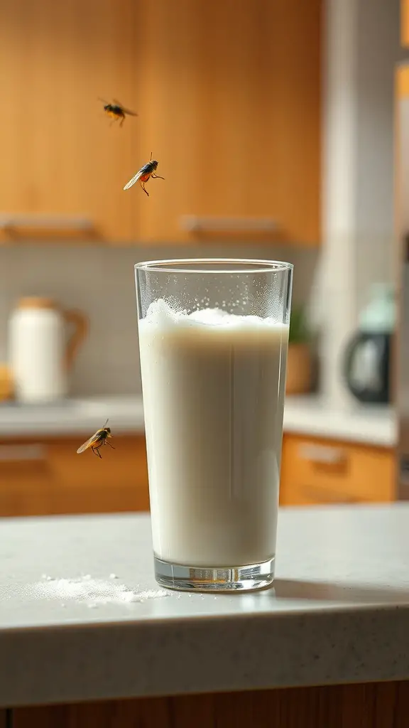 A glass of milk with sugar, attracting fruit flies in a kitchen setting.