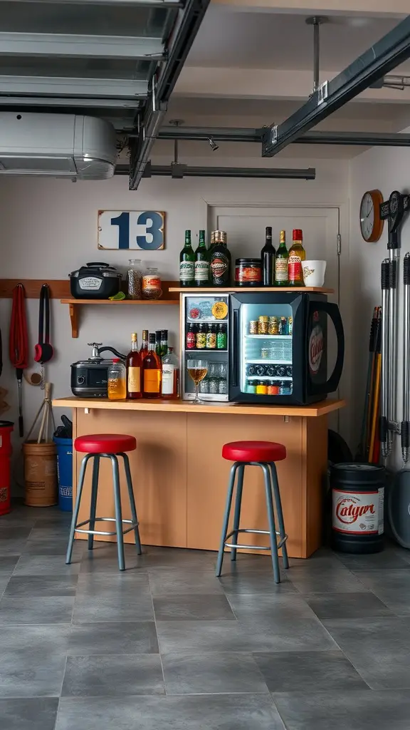 27 Creative Garage Hangout Ideas for Ultimate Chill Time 7 A cozy mini bar setup in a garage featuring a counter, high stools, and a stocked fridge with various drinks.