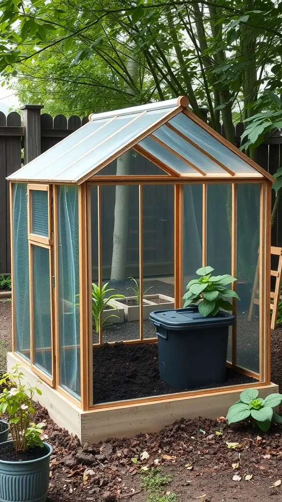 21 Creative Mini Greenhouse Ideas to Maximize Your Gardening Space 12 A mini greenhouse made of wood with clear panels and an integrated compost bin inside, surrounded by greenery.