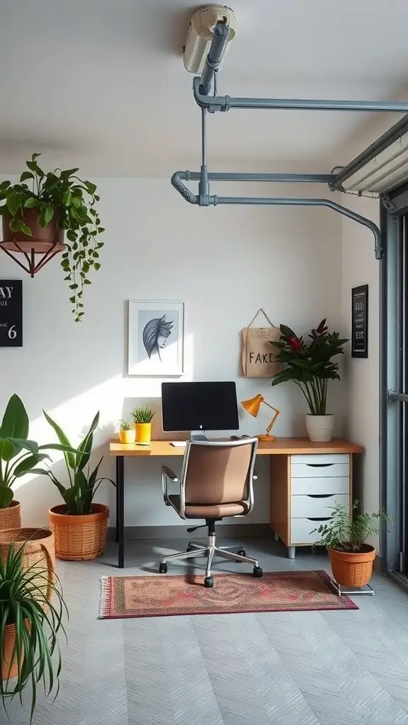 23 Stylish Garage Lounge Ideas You’ll Love 9 A cozy mini home office corner with plants, desk, and computer in a garage lounge