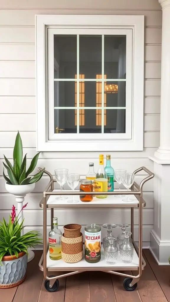 21 Charming Small Back Porch Ideas to Transform Your Outdoor Space 7 A stylish mini outdoor bar cart with colorful bottles and crystal glasses on a porch.