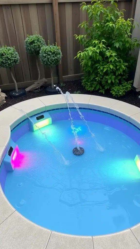 A small round pool with colorful lights and water jets, surrounded by greenery.