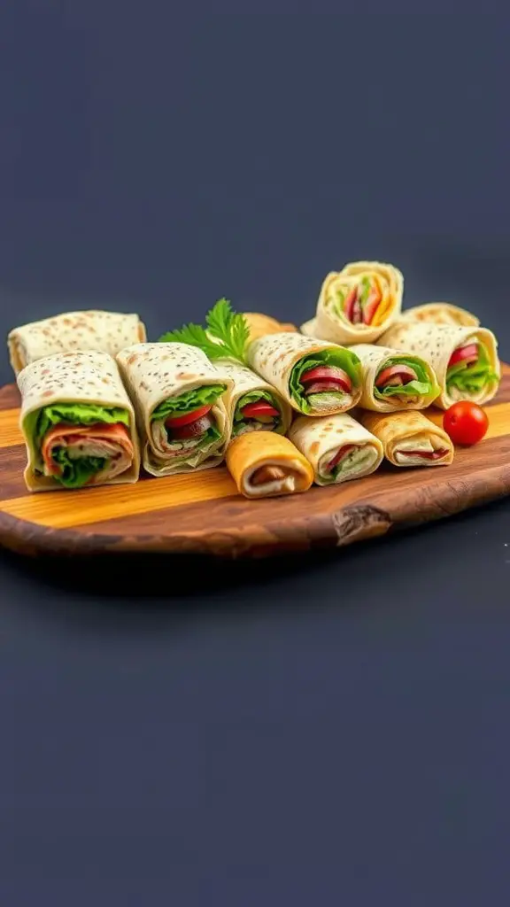 21 Stunning Grazing Table Ideas for Your Next Celebration 11 A wooden platter with a variety of mini wraps filled with lettuce, tomatoes, and deli meats.