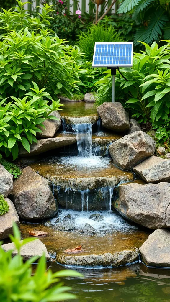 17 Creative DIY Solar Fountain Ideas for Your Garden 10 A mini solar waterfall surrounded by greenery, with a solar panel visible.