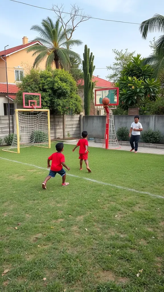 13 Creative Yard Ideas for Kids to Explore and Enjoy 13 Kids playing in a mini sports field with DIY goals in a backyard.